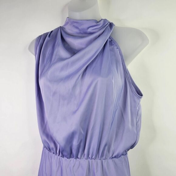 PRETTYGARDEN Purple Satin Asymmetric Mockneck Midi Dress - Picture 6 of 11